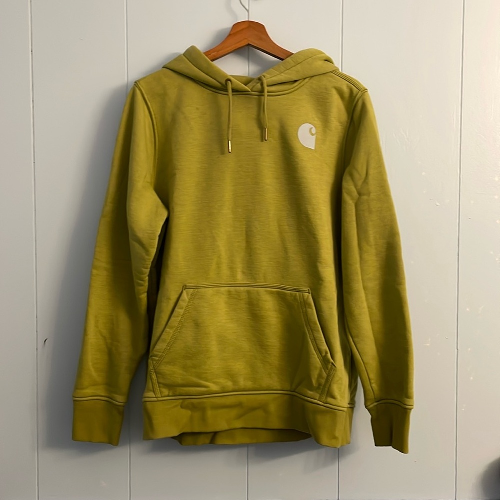 carhart hoodie, green with light blue writing, size women's large